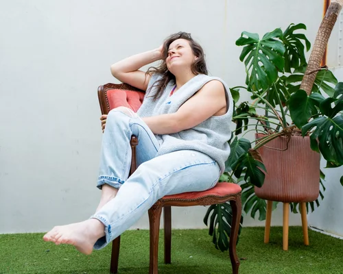 Dana recording a podcast